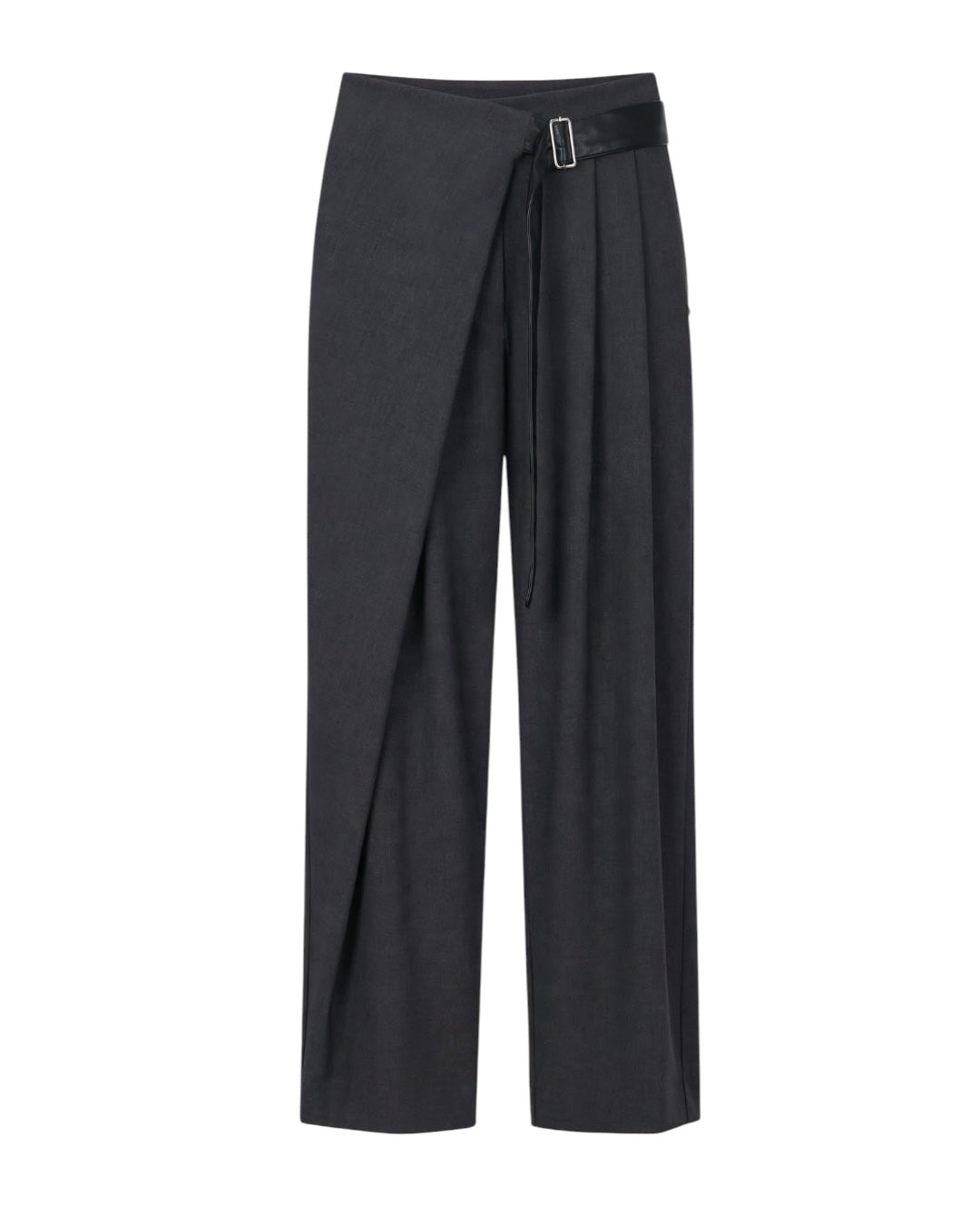 Grey palazzo trousers with contrasting faux leather belt