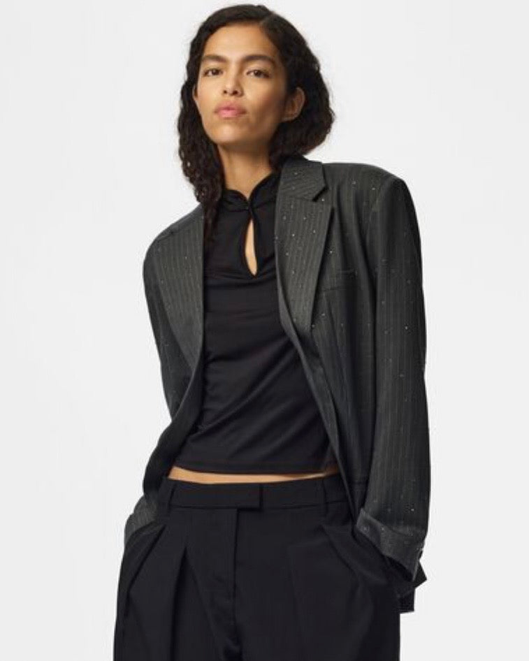 Tailleur grey dettagli strass giacca monopetto e pantalone palazzo  con elastico in vita