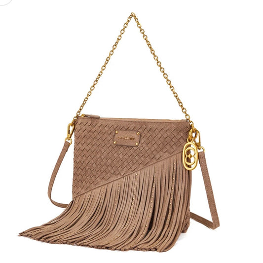 Pochette suede taupe con frange e borchie oro