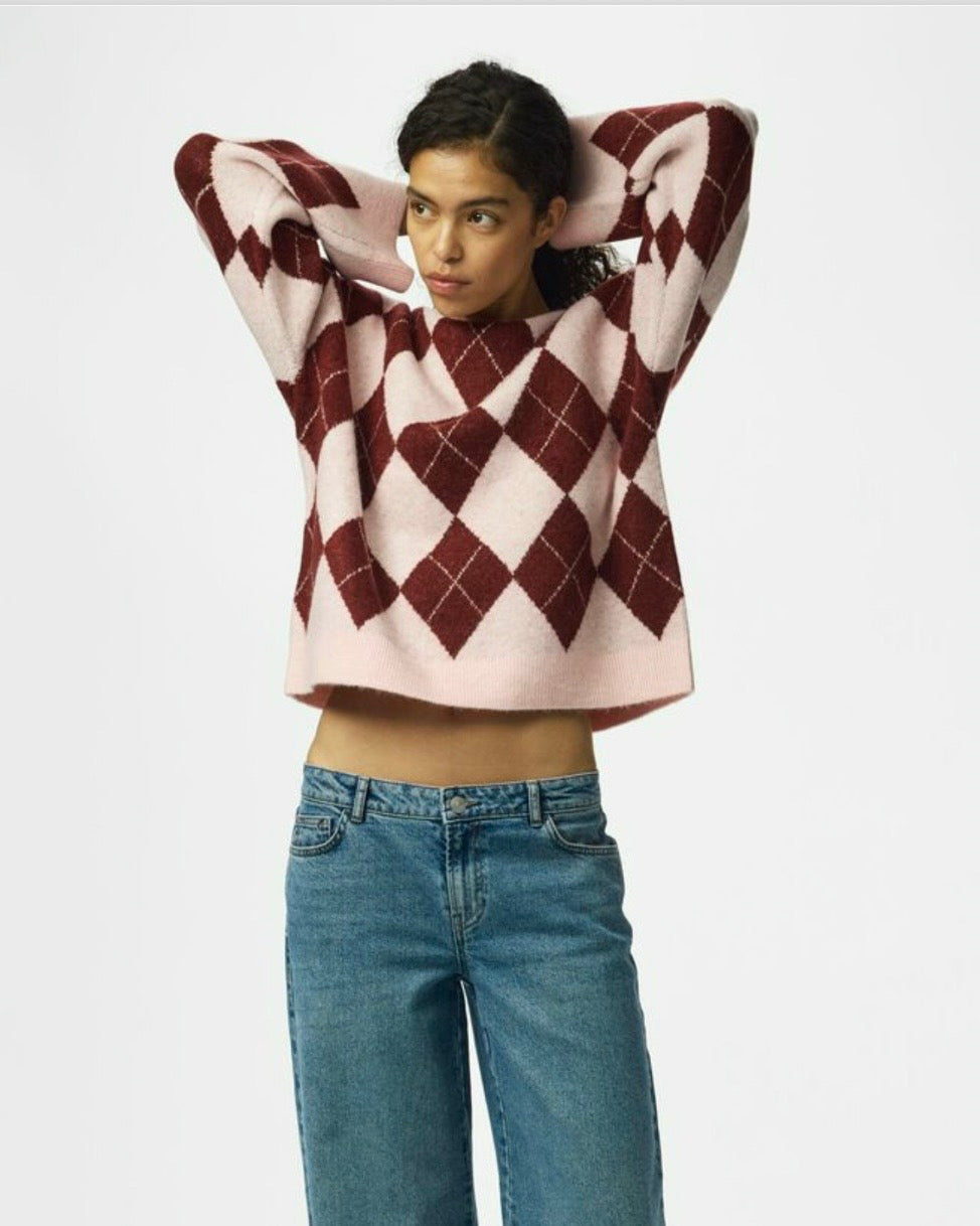 Maglione rombi bordeaux/panna scollatura tonda