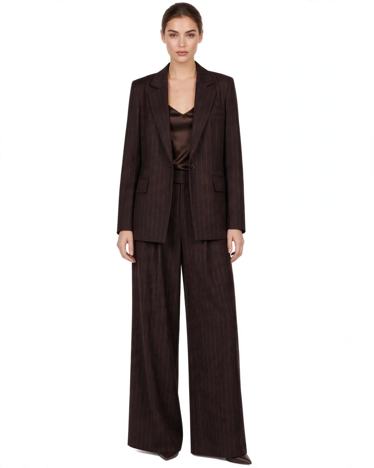 Chocolate pinstripe suit, trousers and jacket
