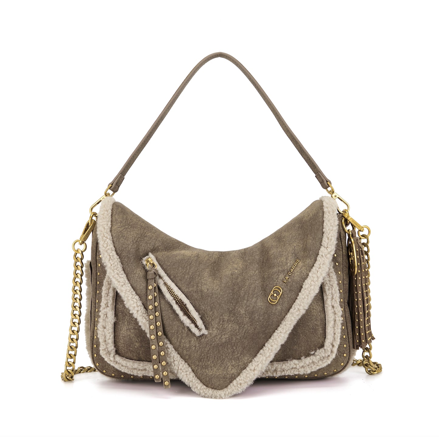 Borsa a spalla taupe effetto montone
