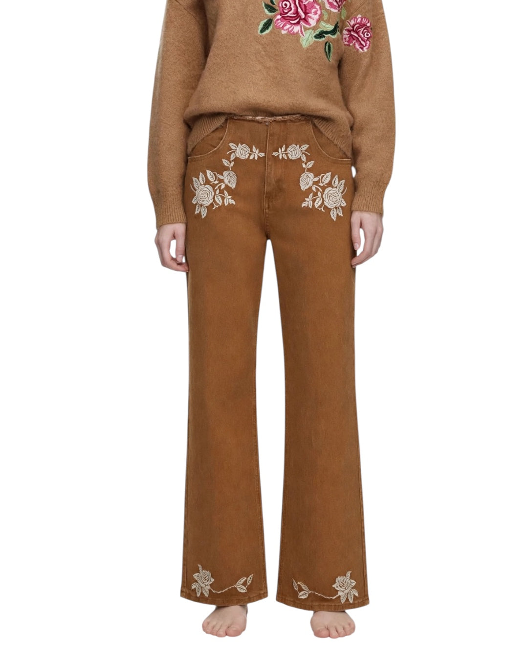 Jeans camel palazzo con ricamo