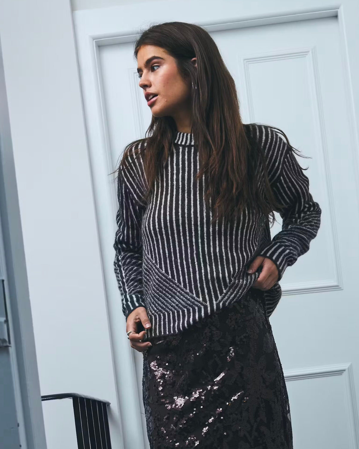 Maglione bicolor moro/panna scollatura tonda