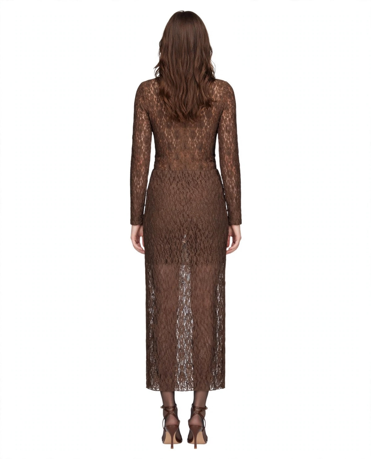 Completo in pizzo moro maglia scollatura tonda e gonna lunga con gonnellino foderato