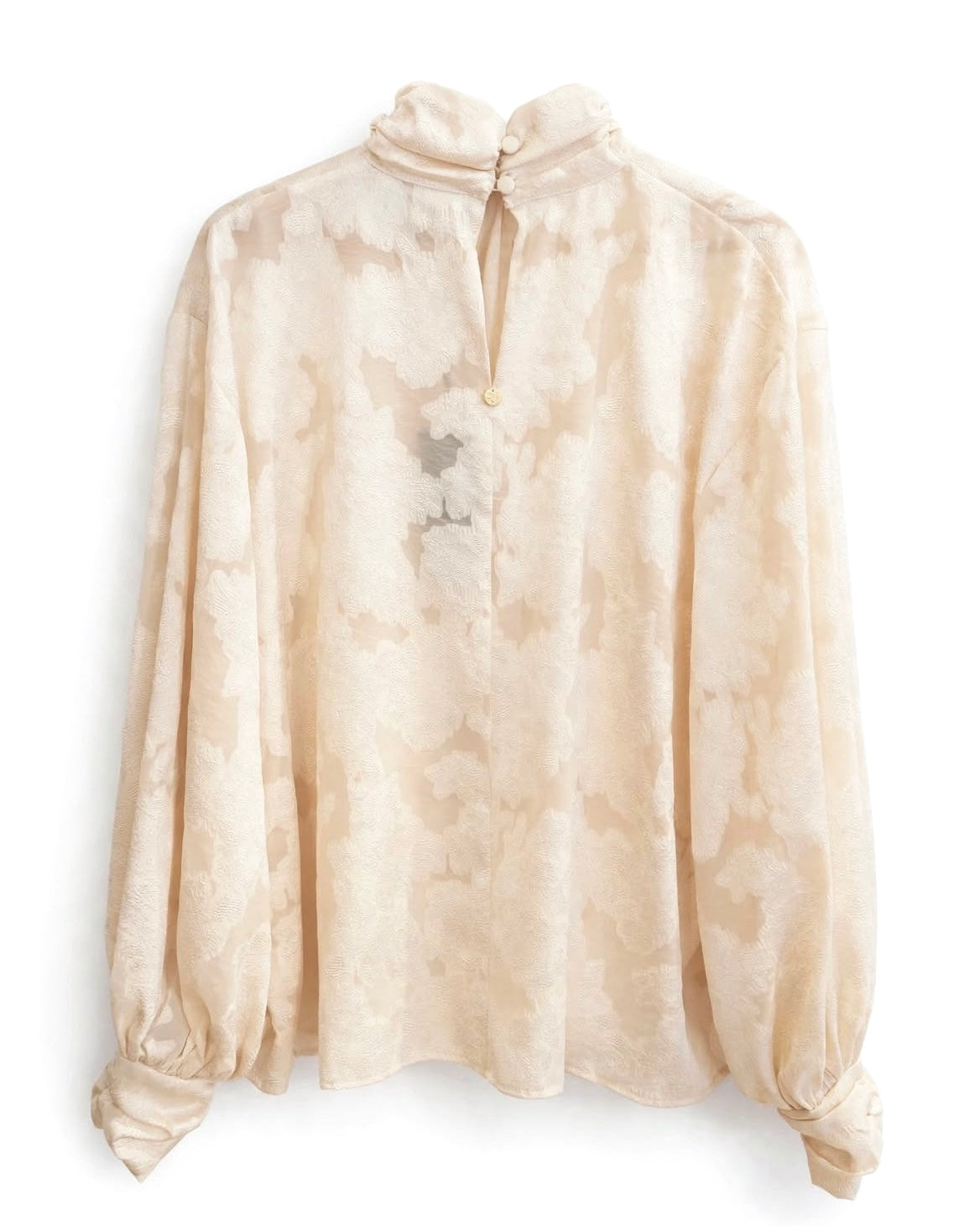 Cream blouse with gathered sleeves and damask effect