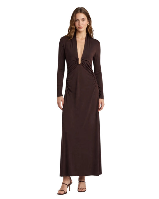 Chocolate-brown long dress with a front accessory and ruching