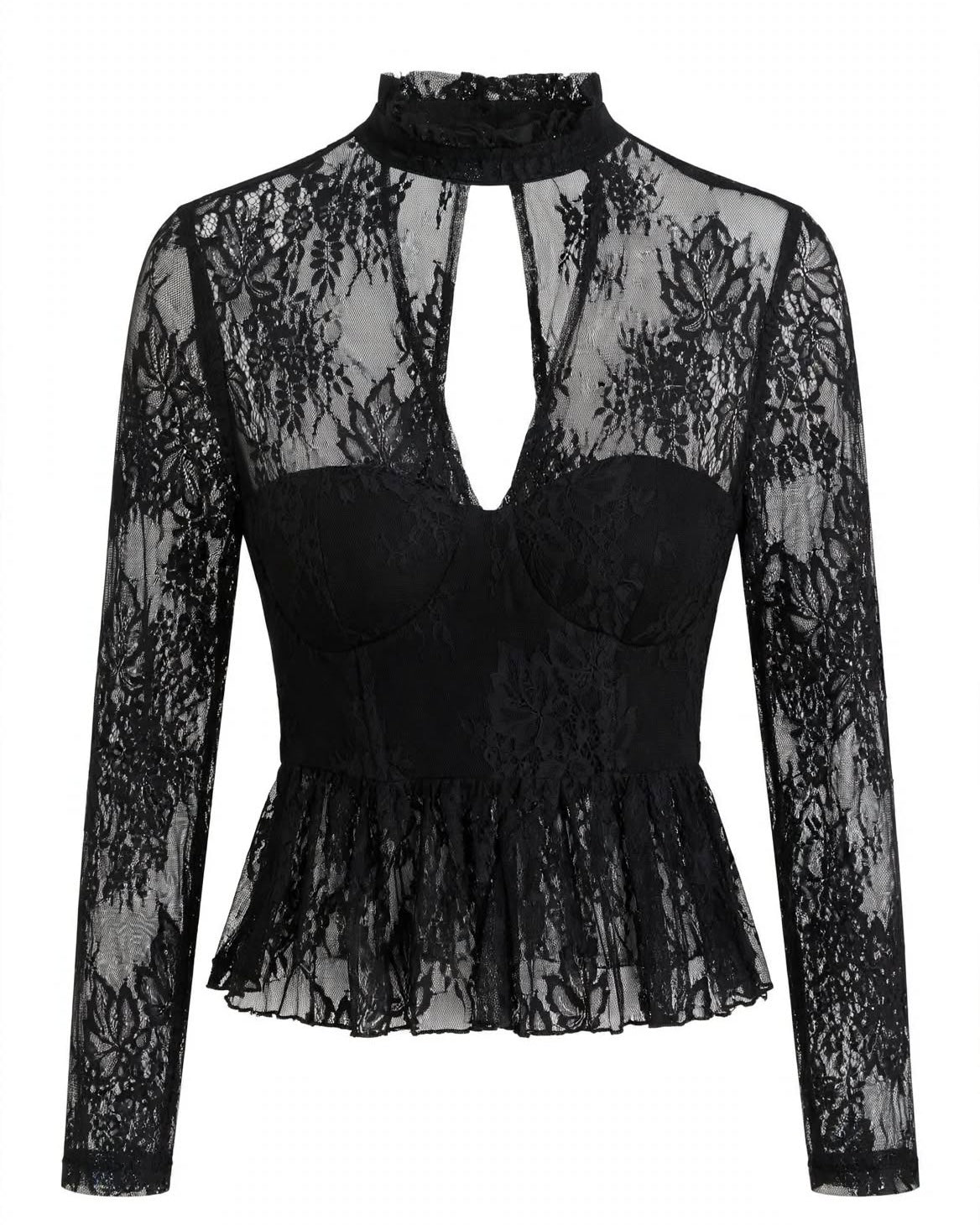 Top nero manica lunga con coppe effetto pizzo