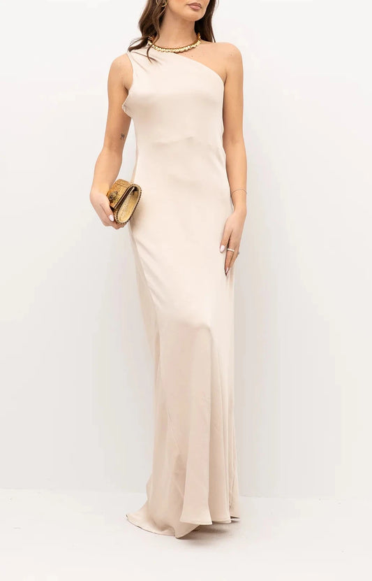 Abito lungo monospalla in satin ecru