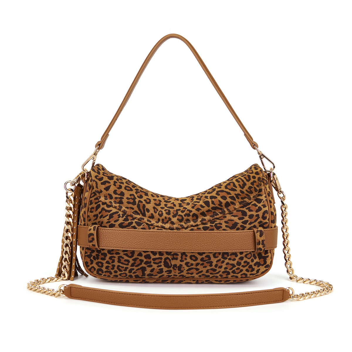 Borsa a tracolla suede stampa animalier con dettagli in ecopelle cuoio
