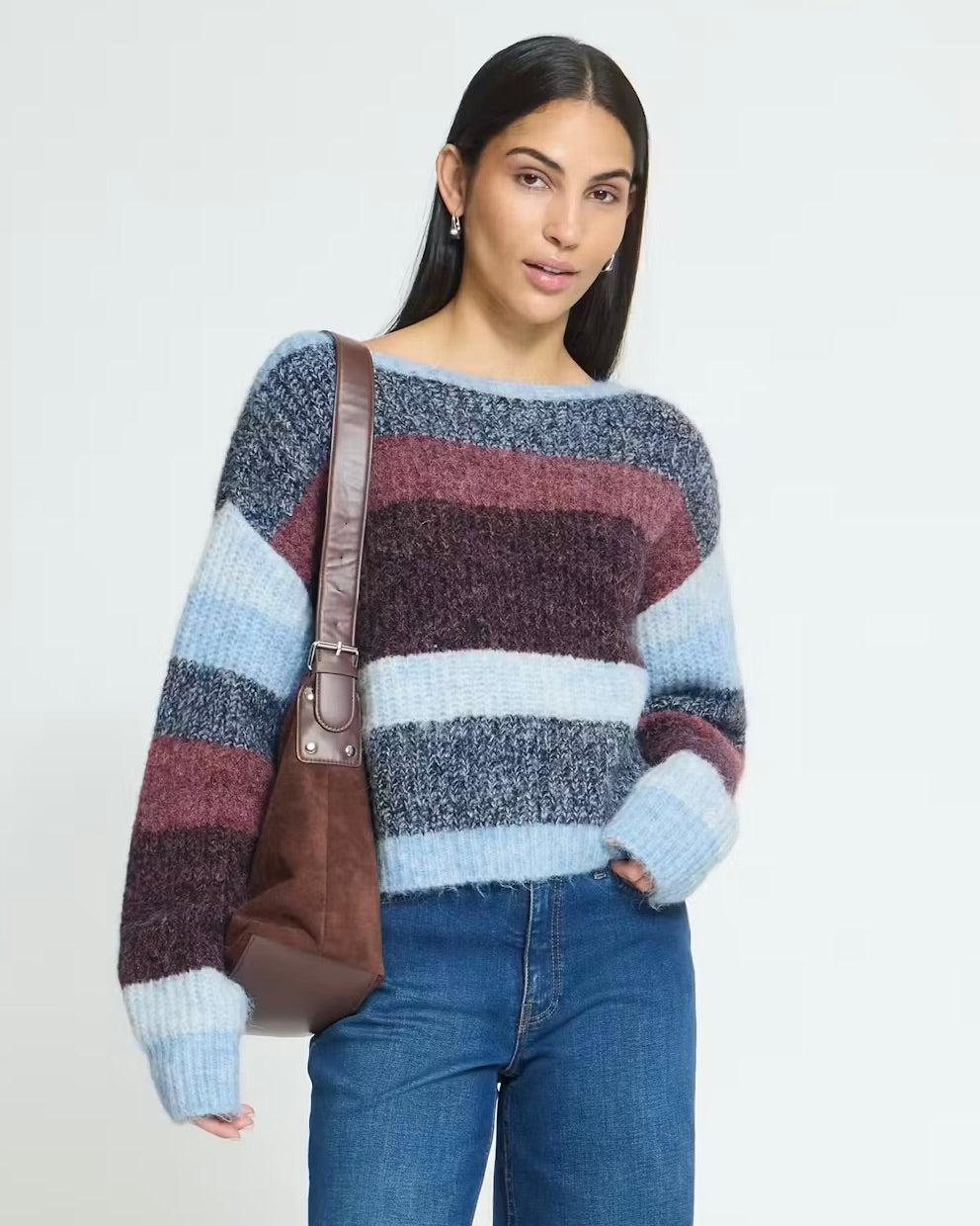 Maglione fantasia righe bordeaux/celeste
