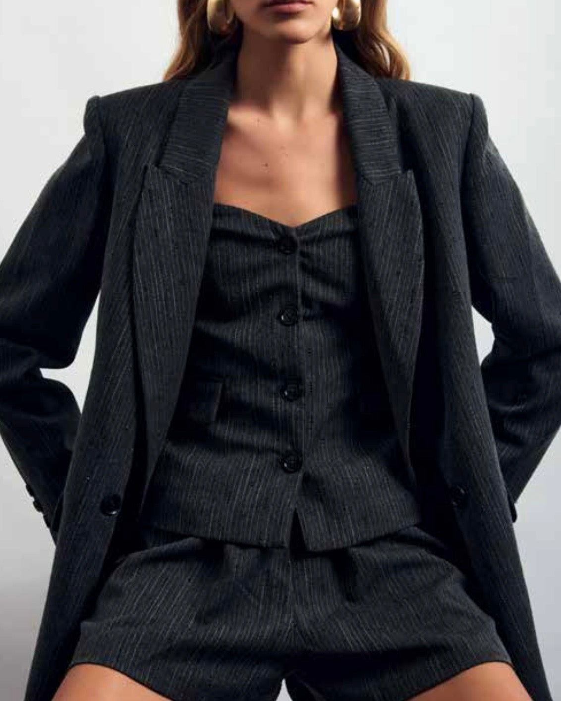 Grey set with jacket and shorts featuring micro-sequins