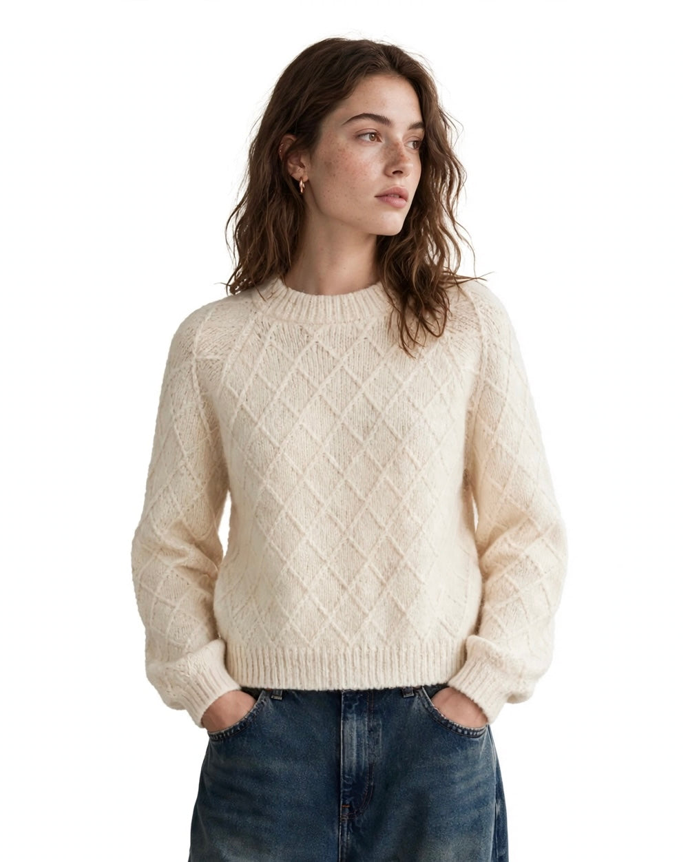 Maglione panna lavorazione rombi e scollatura tonda