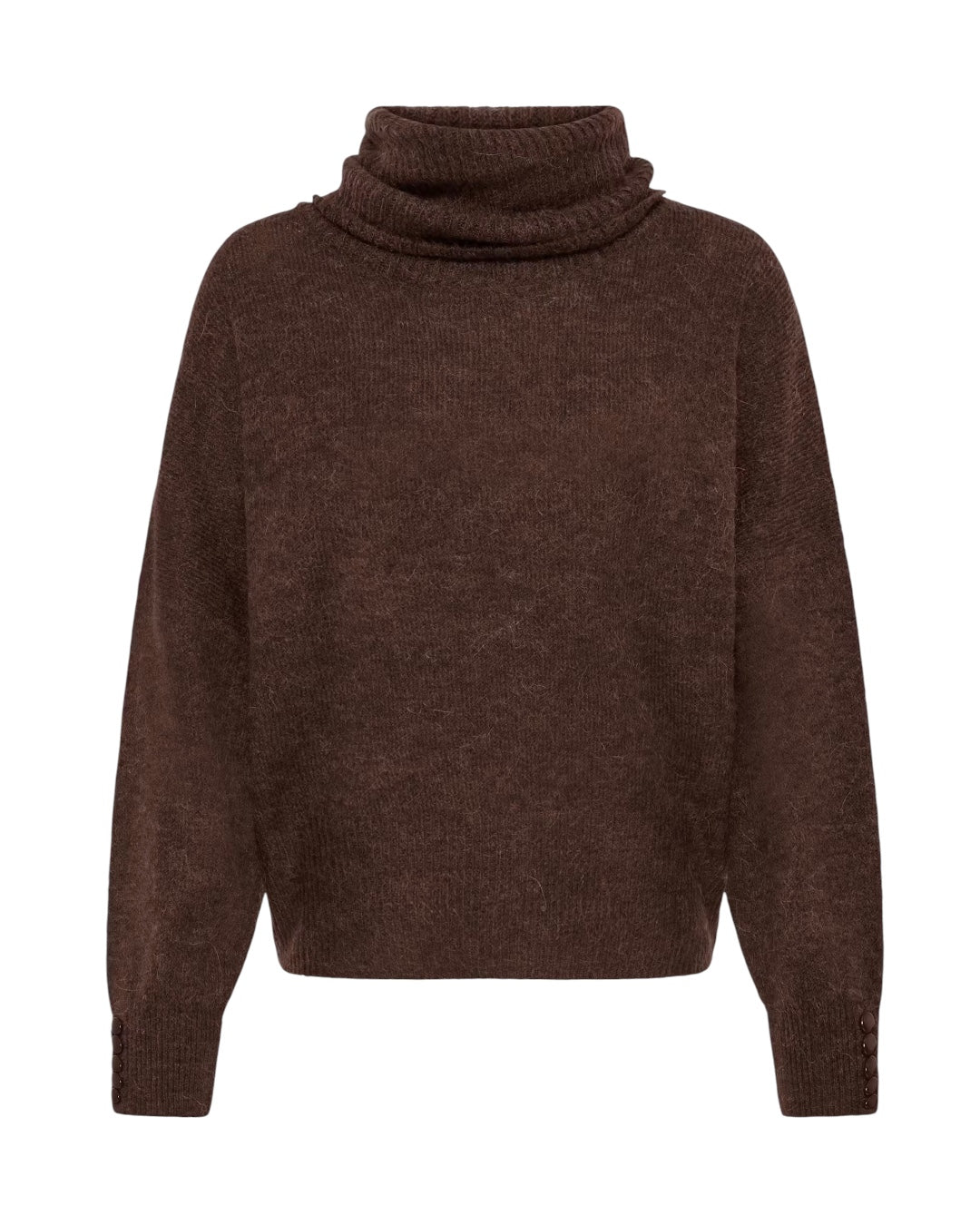 Maglione moro oversize collo alto e bottoni sui polsini