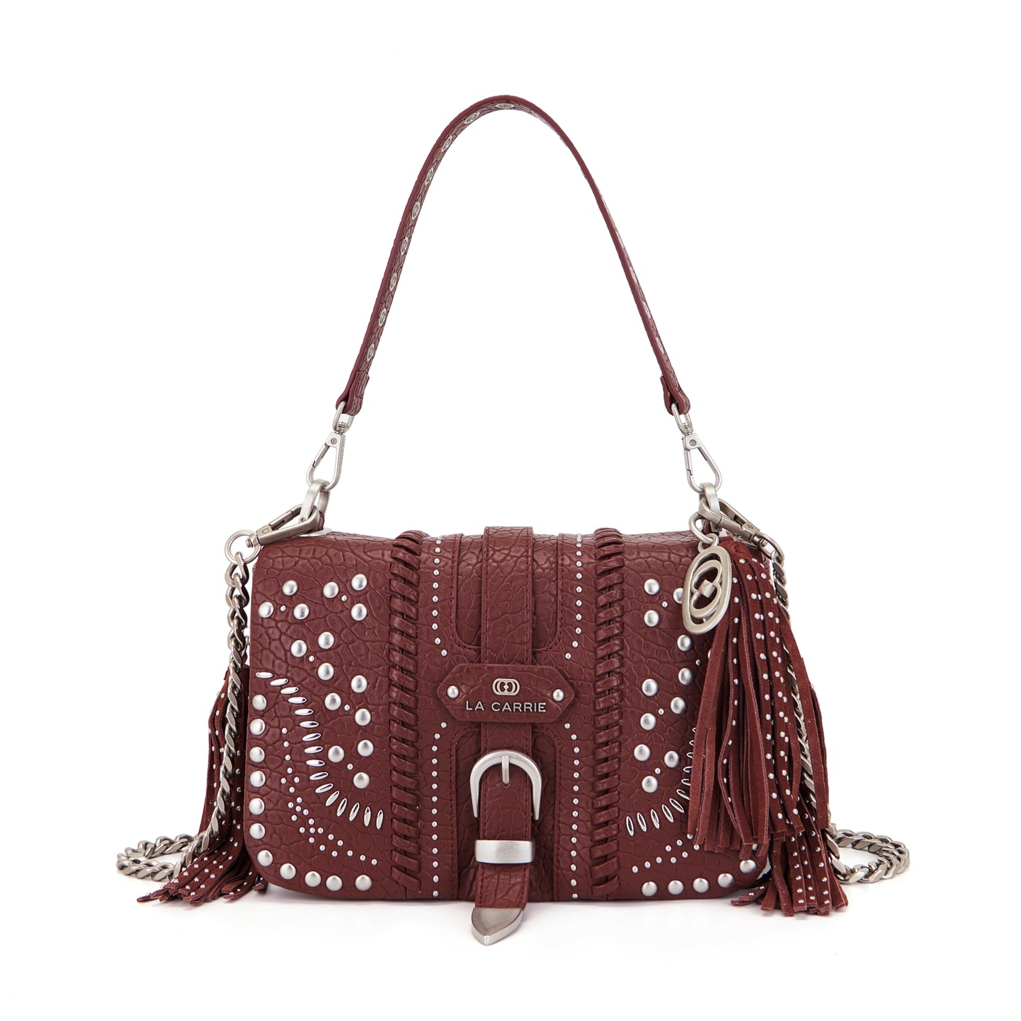 Borsa a spalla burgundy con borchie argento