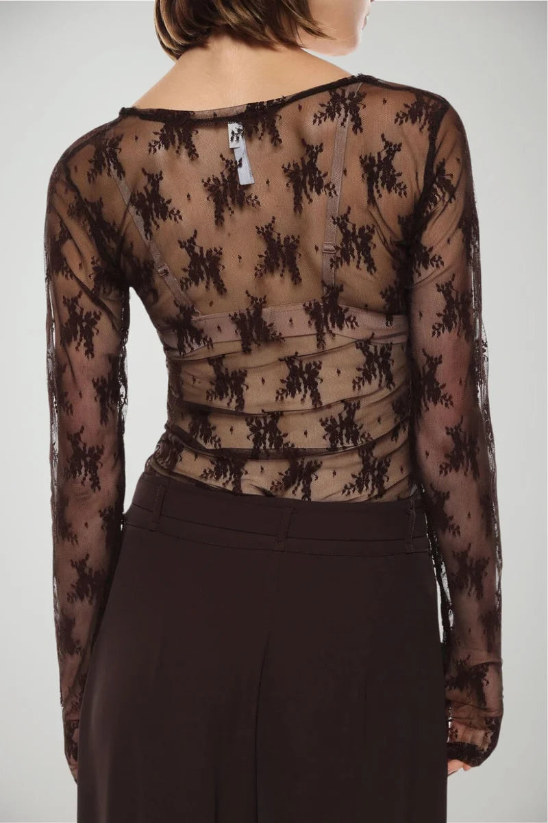 Maglia cioccolato manica lunga effetto pizzo