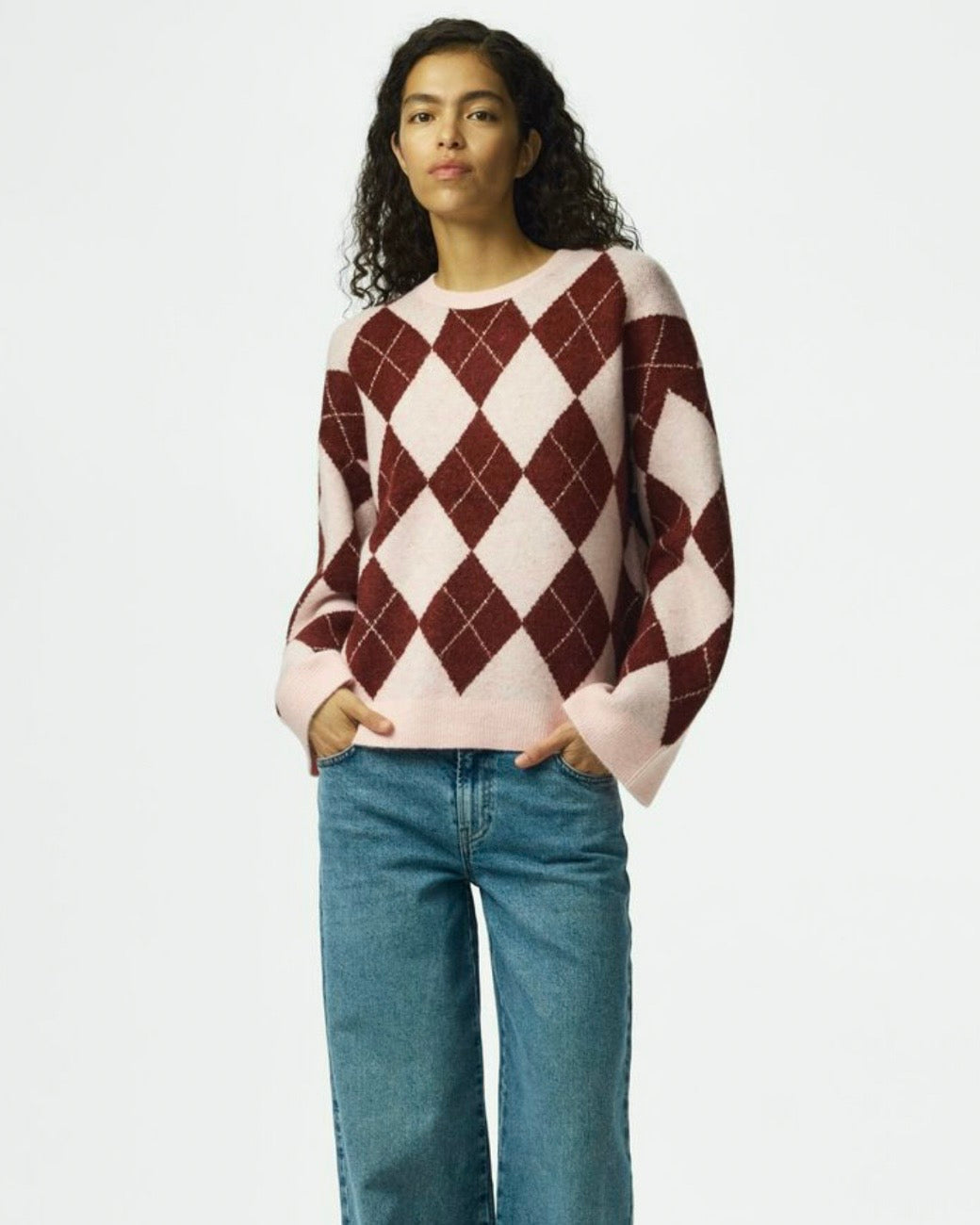 Maglione rombi bordeaux/panna scollatura tonda