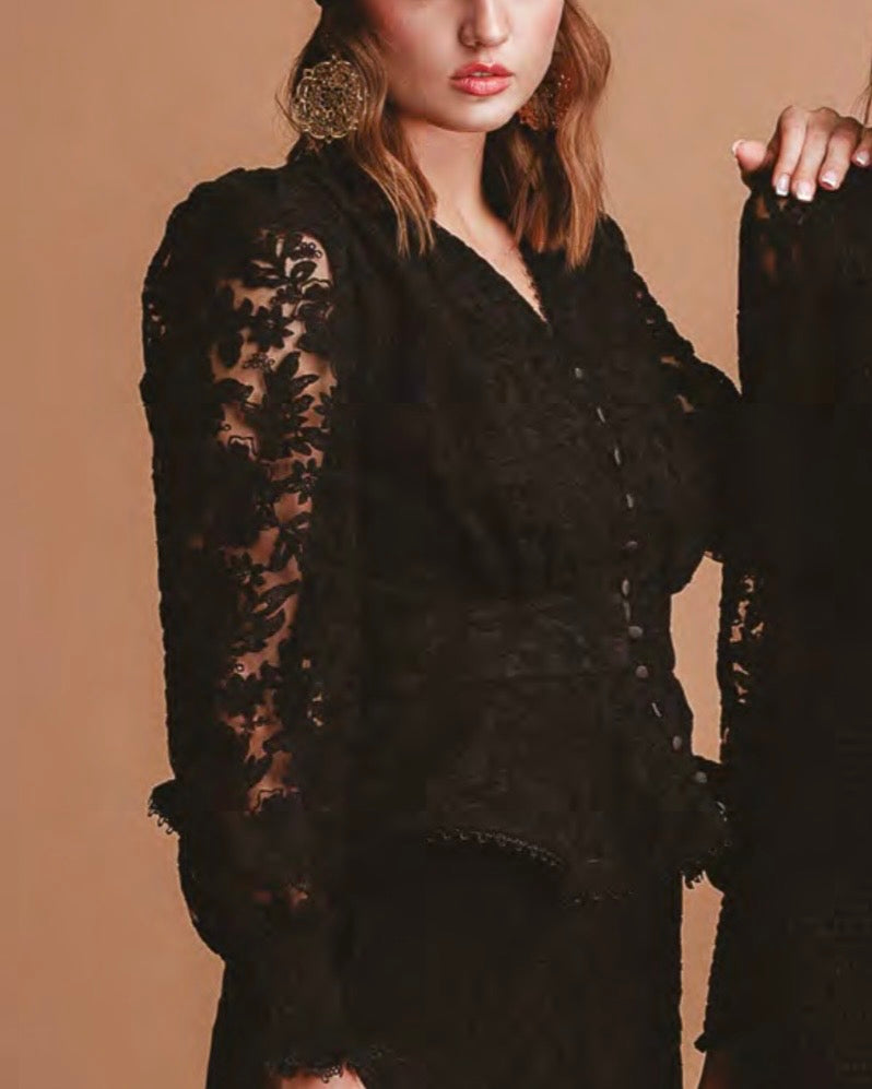 Camicia nera manica lunga effetto pizzo