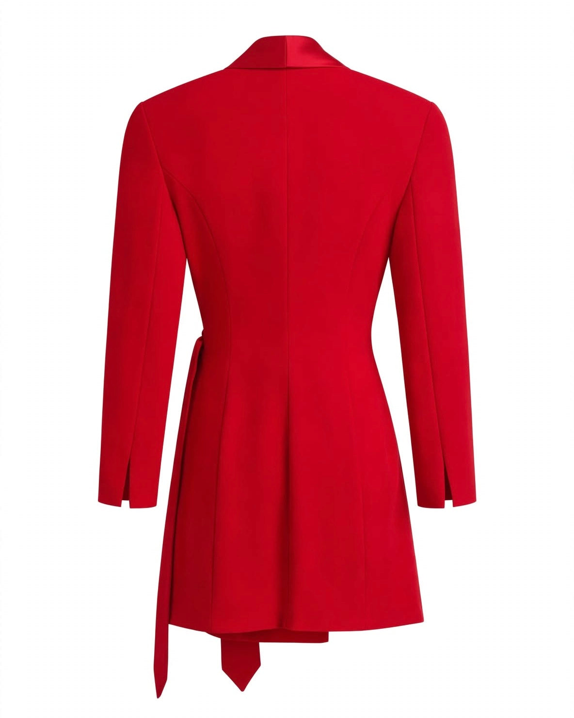 Red jacket dress with satin lapels and belt and padded shoulders