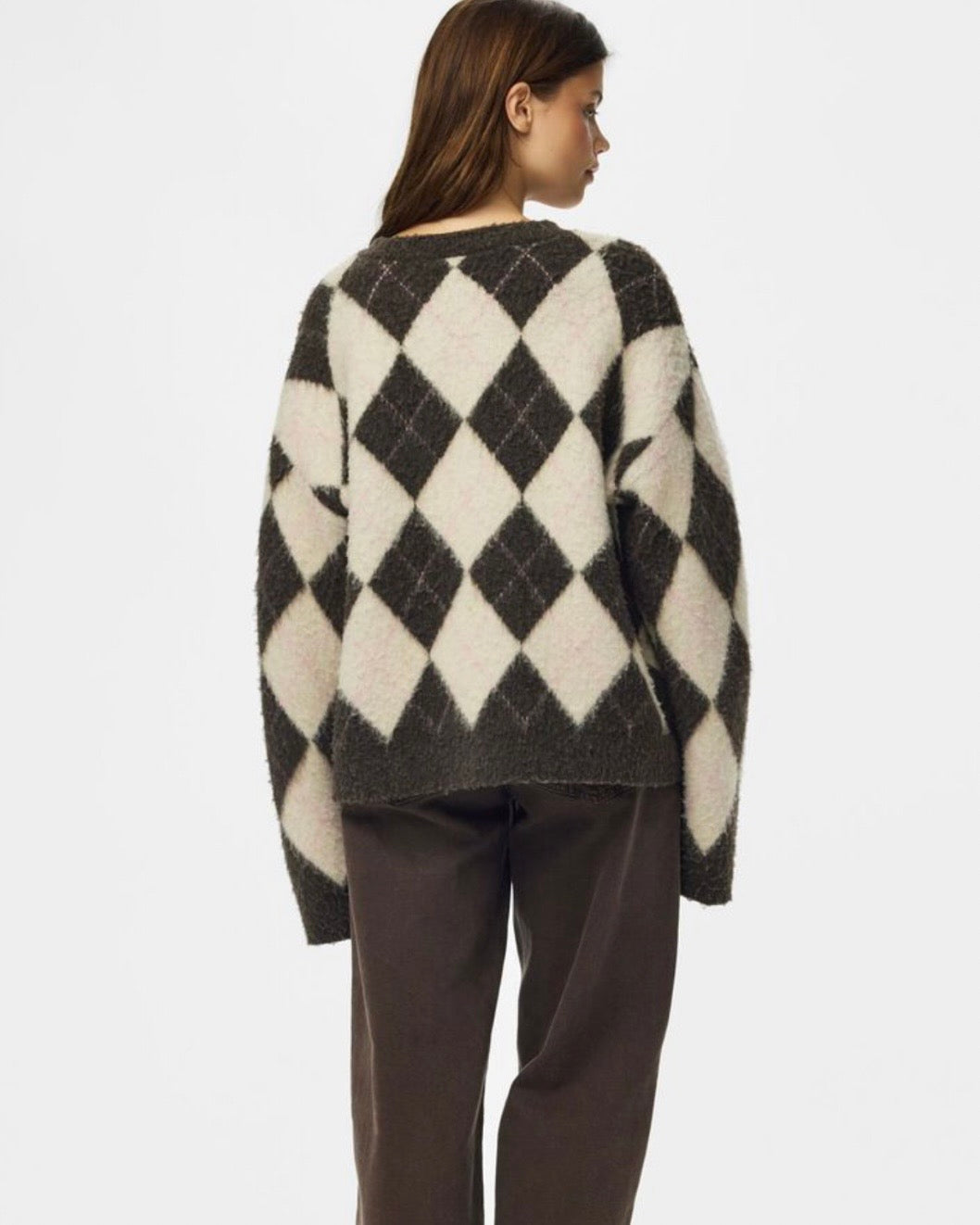 Maglione rombi grigio/panna scollatura tonda