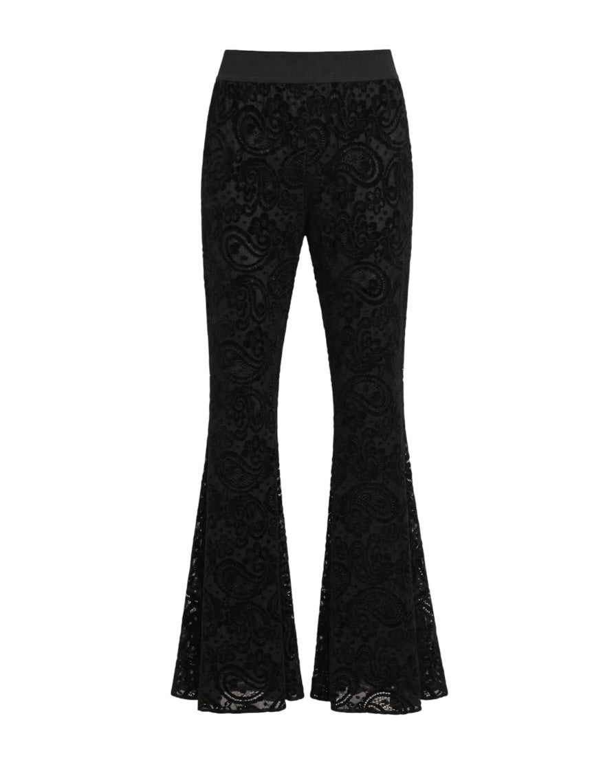 Pantalone a zampa nero con dettagli in pizzo e velluto