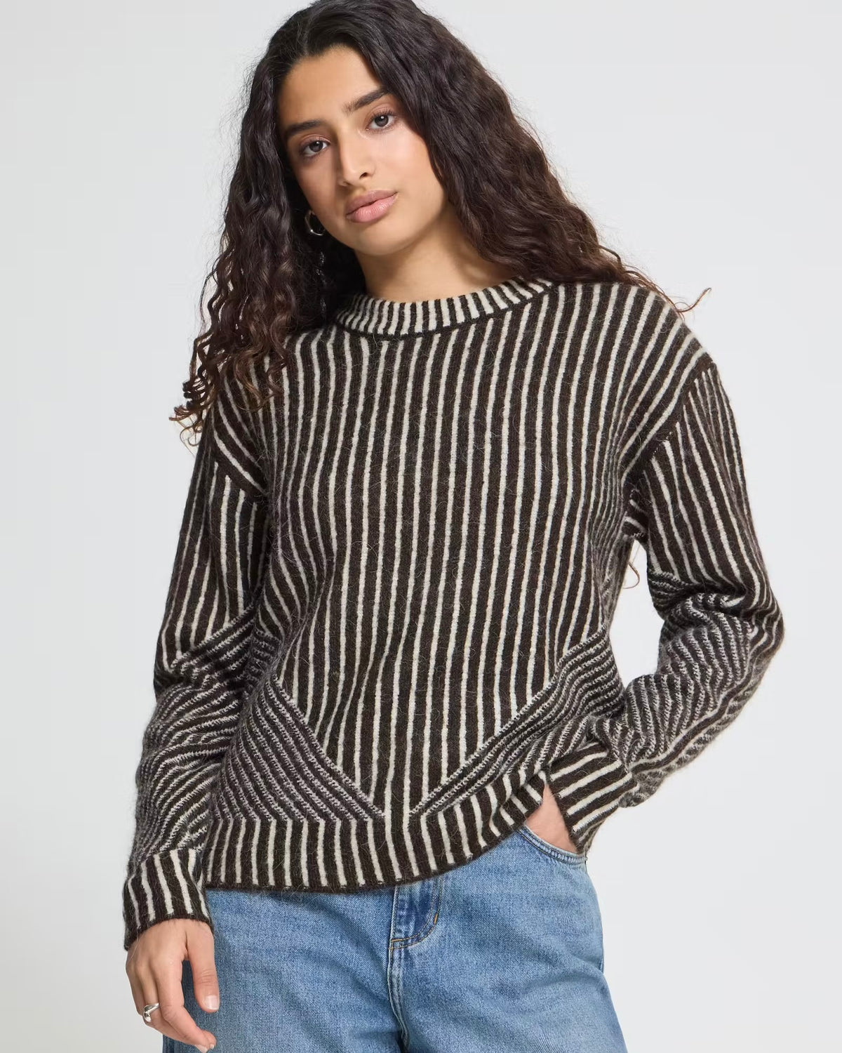 Maglione bicolor moro/panna scollatura tonda