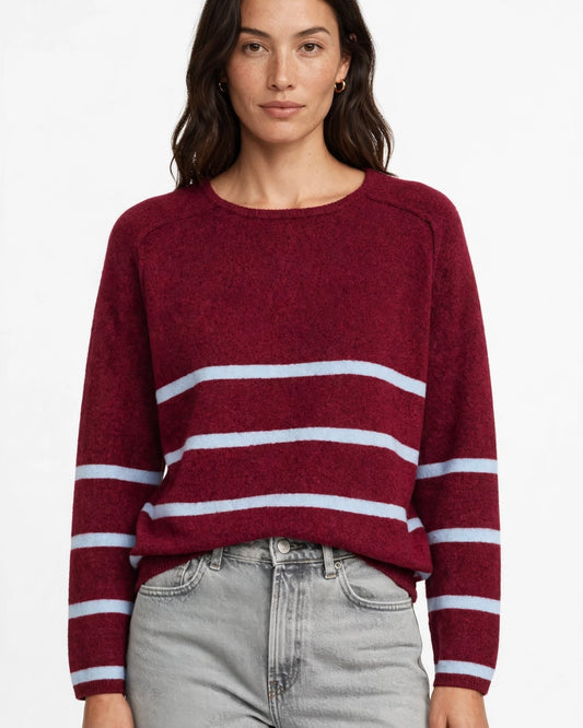 Burgundy sweater with multicolored stripes