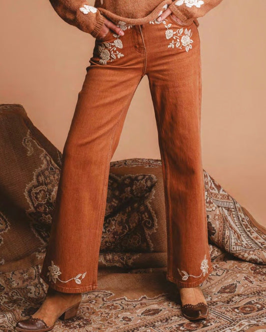 Jeans camel palazzo con ricamo