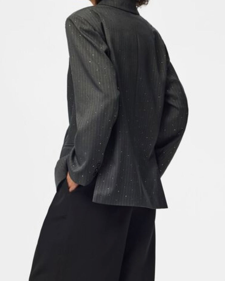 Tailleur grey dettagli strass giacca monopetto e pantalone palazzo  con elastico in vita