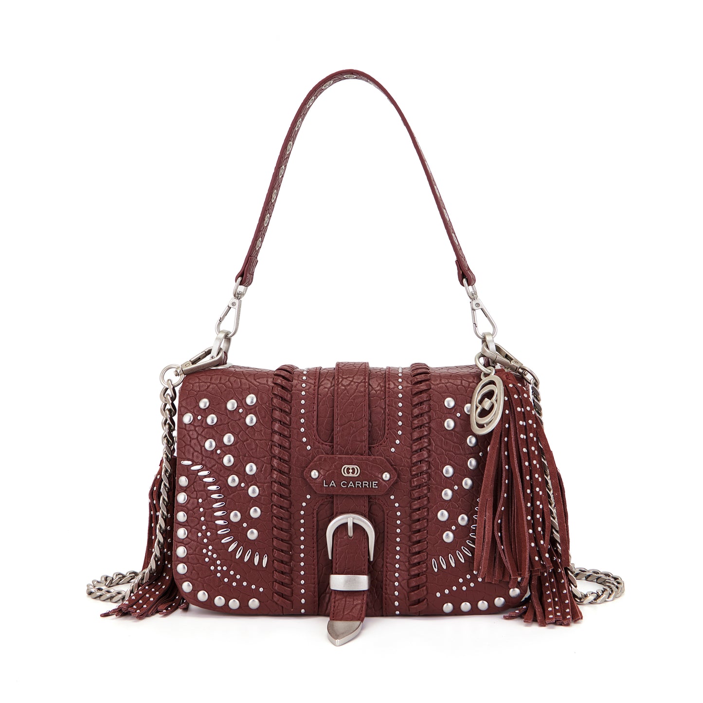 Borsa a spalla burgundy con borchie argento