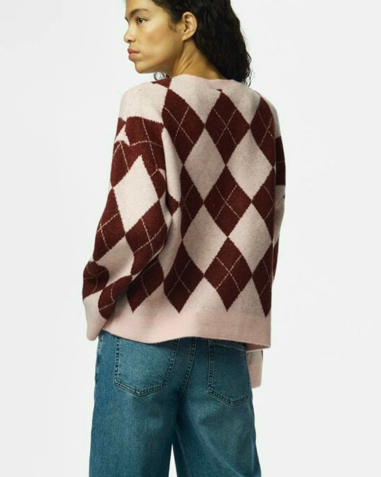 Maglione rombi bordeaux/panna scollatura tonda