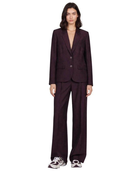 Tailleur cioccolato giacca accessorio pietre e pantalone palazzo con elastico in vita effetto lucido