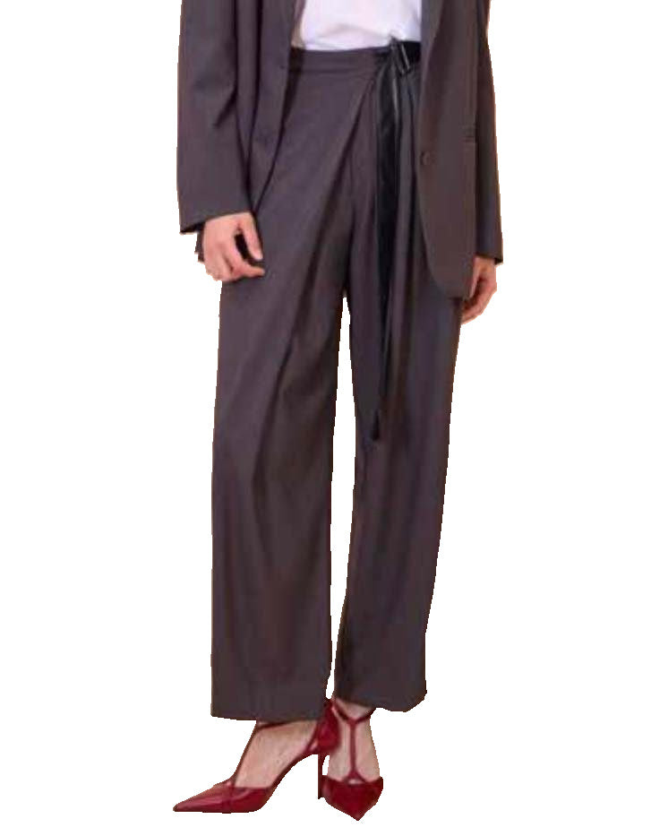 Grey palazzo trousers with contrasting faux leather belt