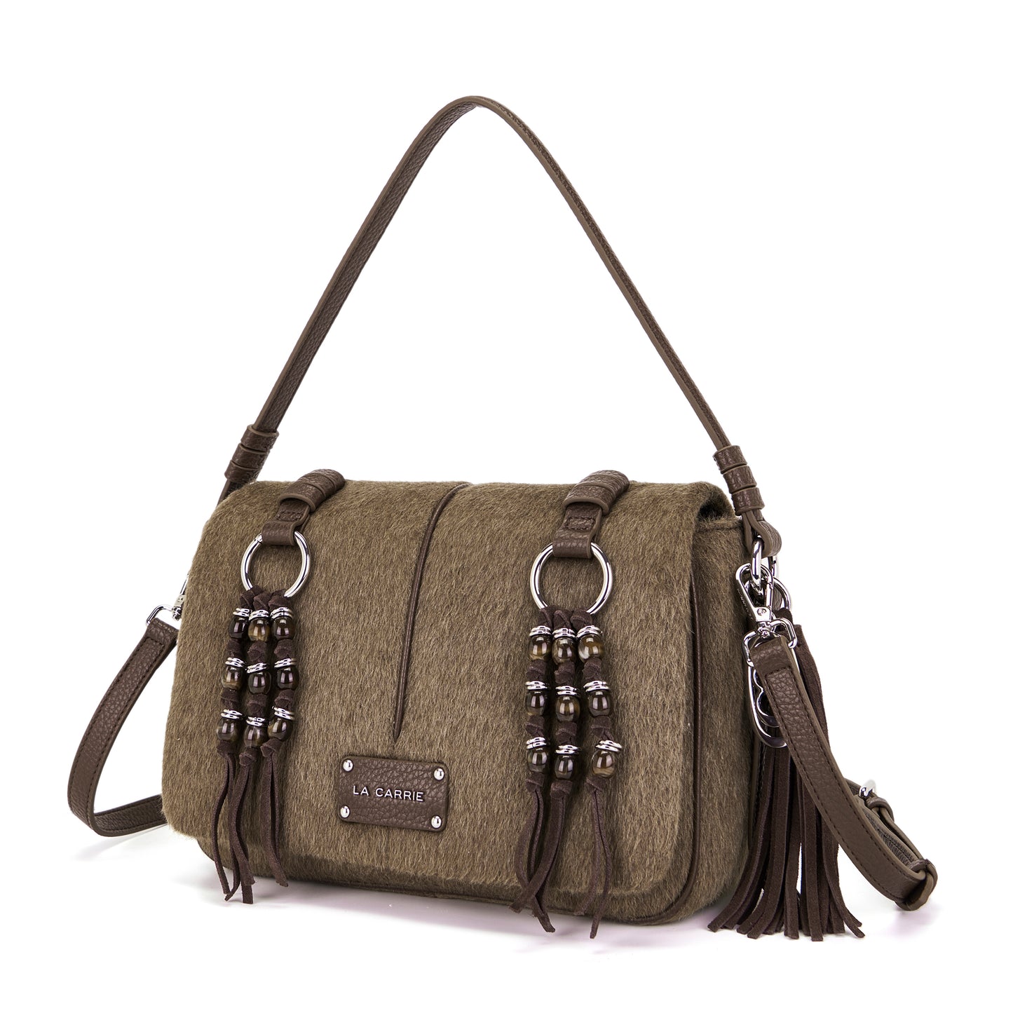 Borsa a spalla brown effetto lana con accessorio
