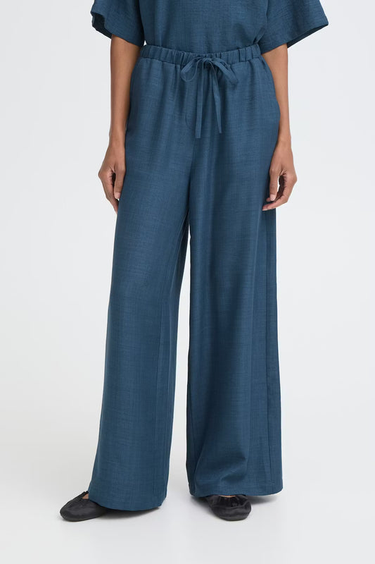 Pantalone palazzo in cotone blu con elastico in vita