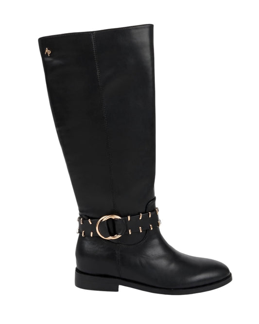 Tall black leather boot with zip and ankle accessory