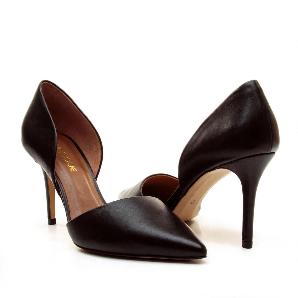 Black leather pumps