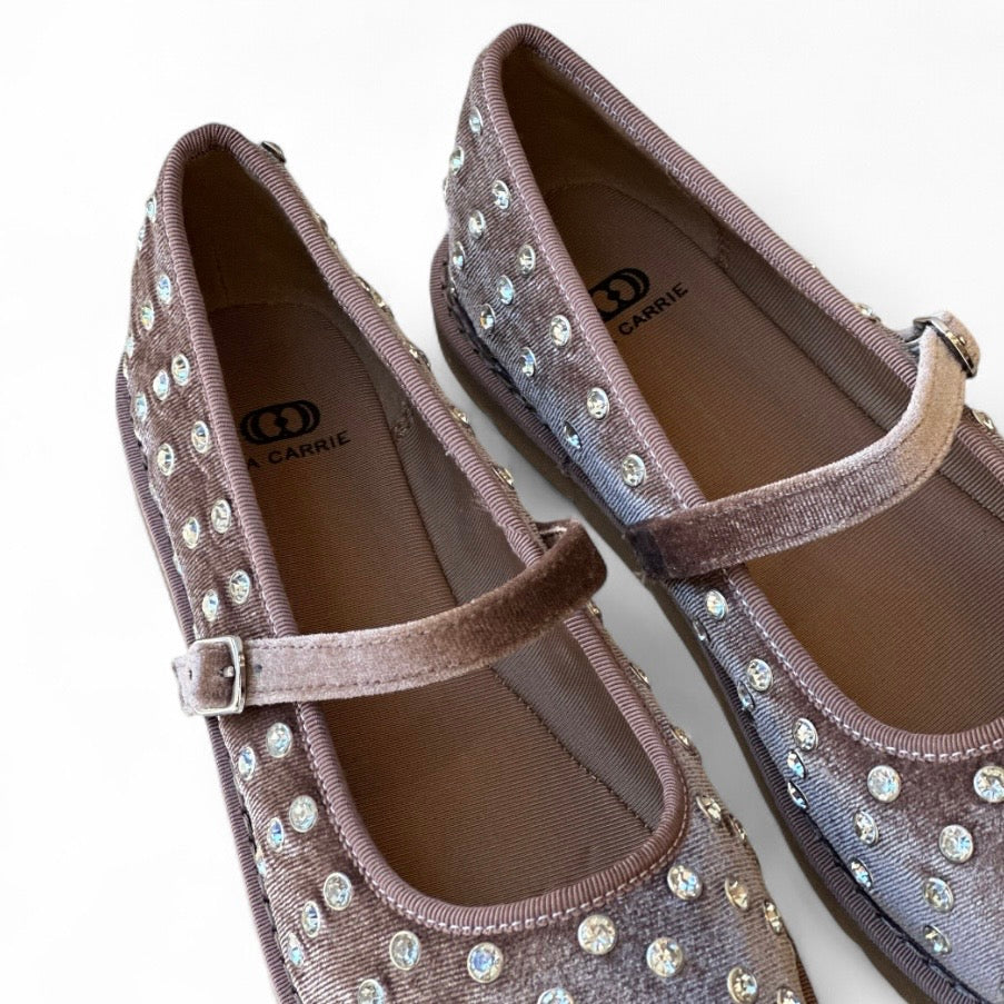 Ballerina velvet taupe con strass e cinturino