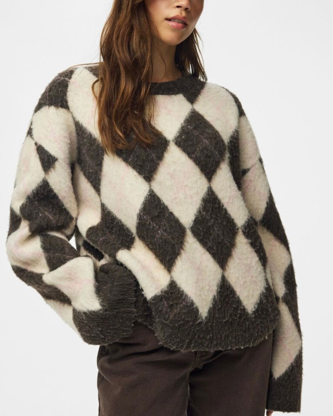 Maglione rombi grigio/panna scollatura tonda