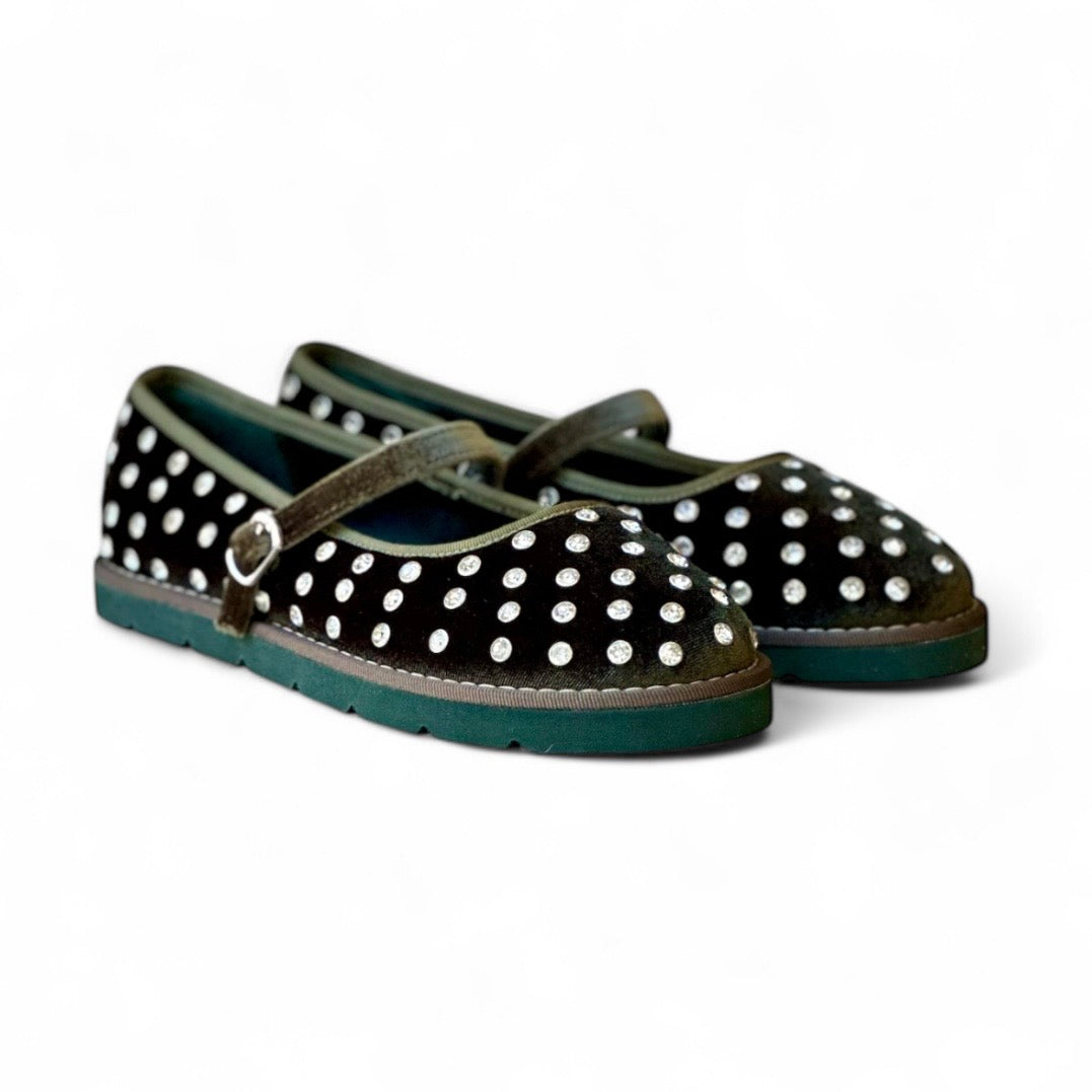 Ballerina velvet green con strass e cinturino