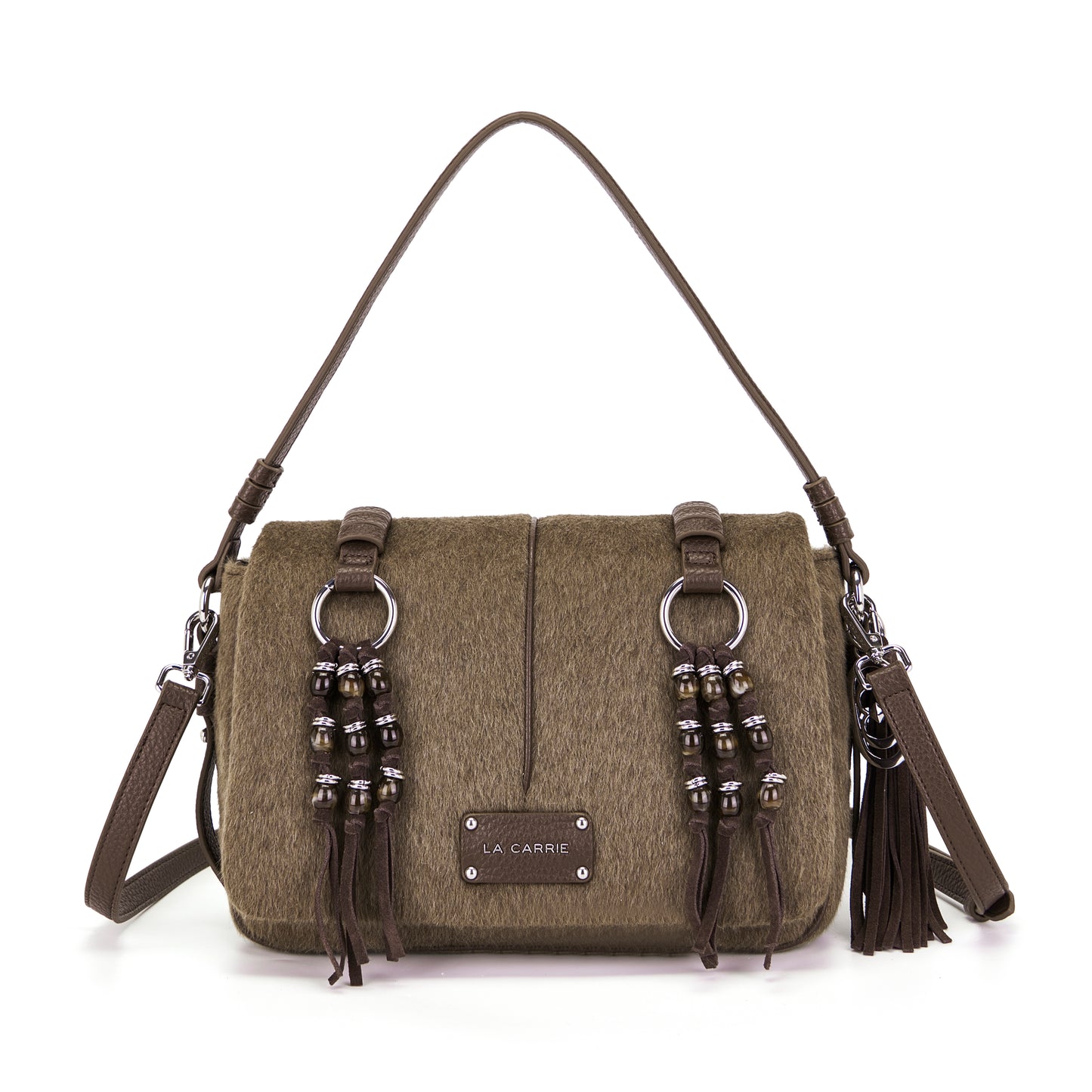 Borsa a spalla brown effetto lana con accessorio