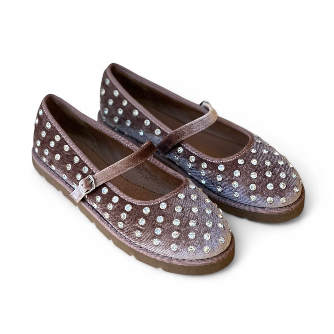 Ballerina velvet taupe con strass e cinturino