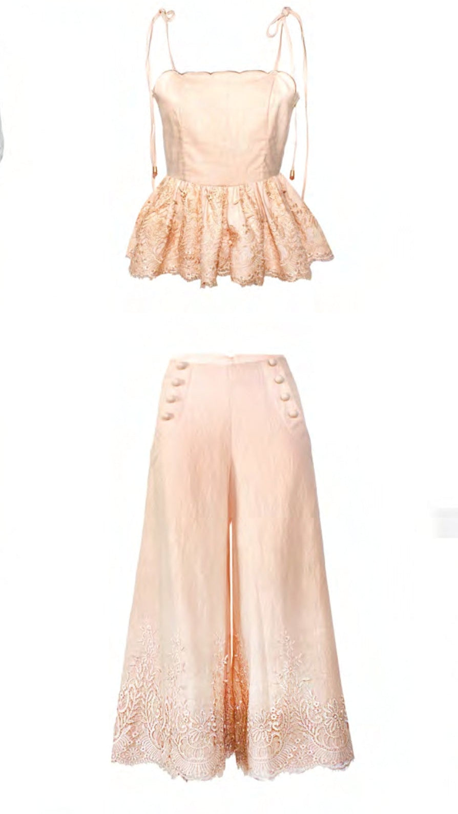 Completo rosa con ricami in pizzo sull'orlo con top smanicato e pantalone a vita alta