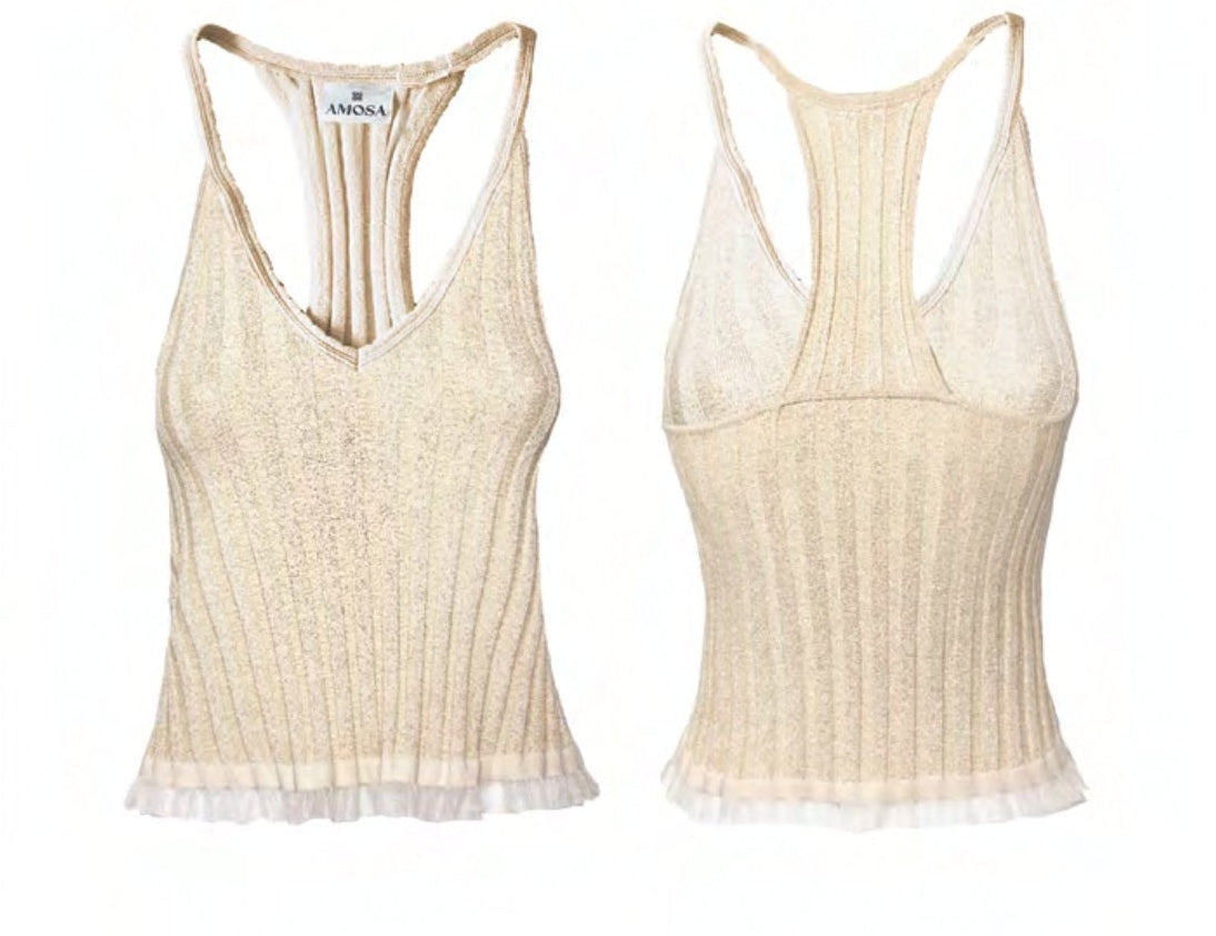 Completo in maglina lurex oro con top e gonna corta