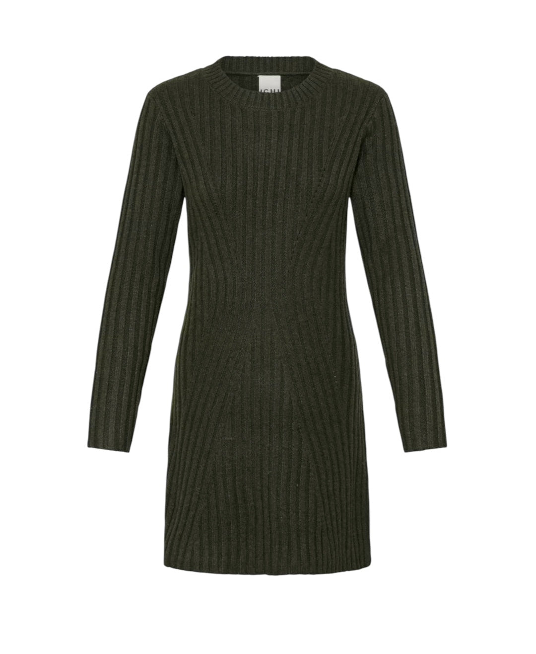 Green ribbed dress with round neckline
