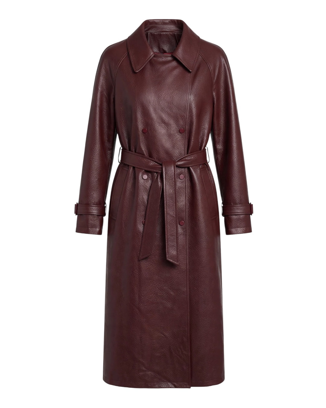 Trench lungo bordeaux ecopelle effetto martellato con bottoni e cintura rimovibile in vita