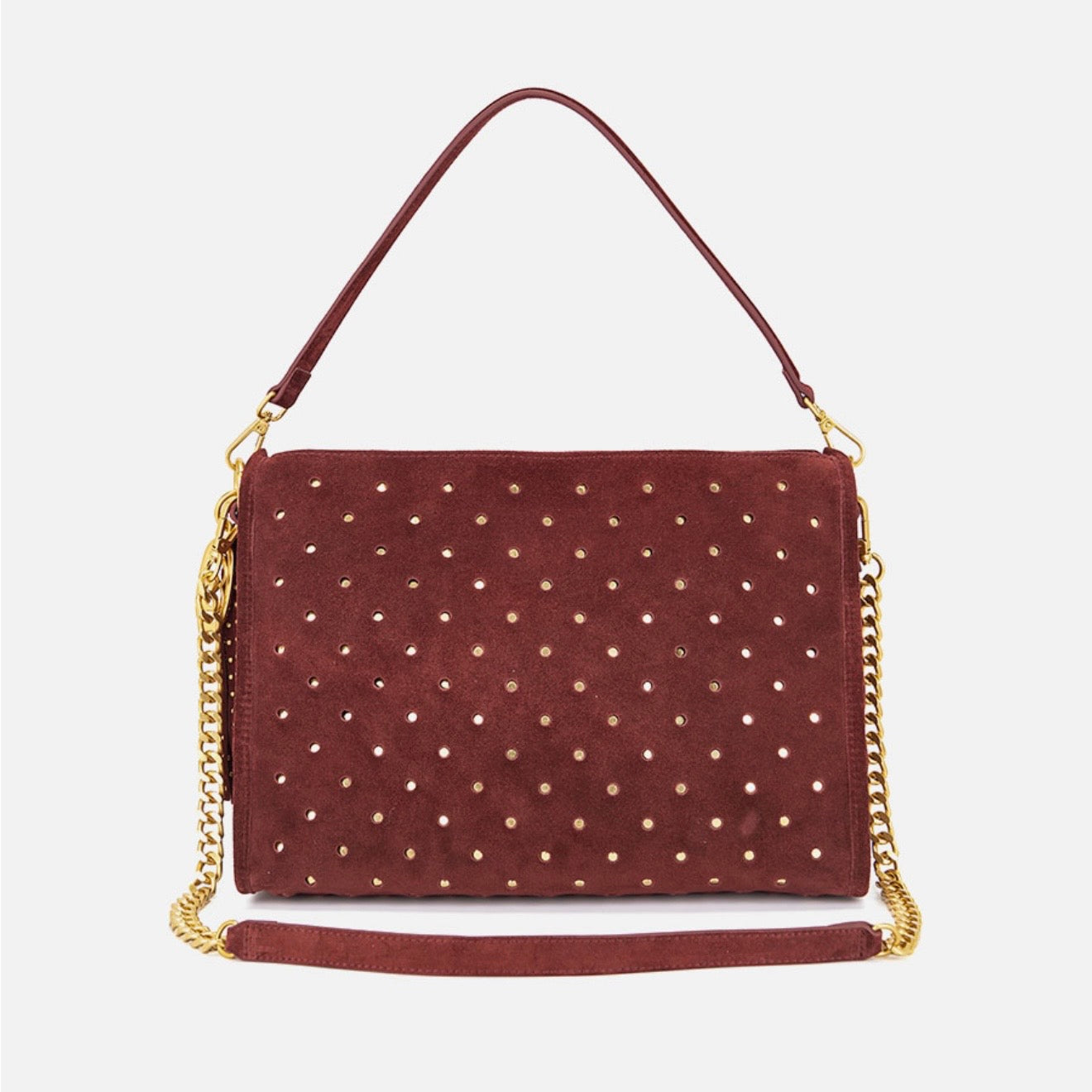 Borsa a spalla burgundy in suede con borchie oro
