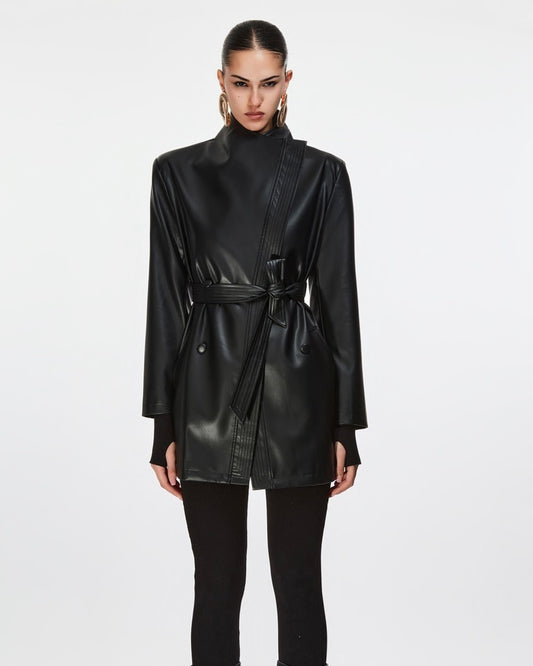 Black faux leather jacket with buttons at the cuffs and a belt at the waist