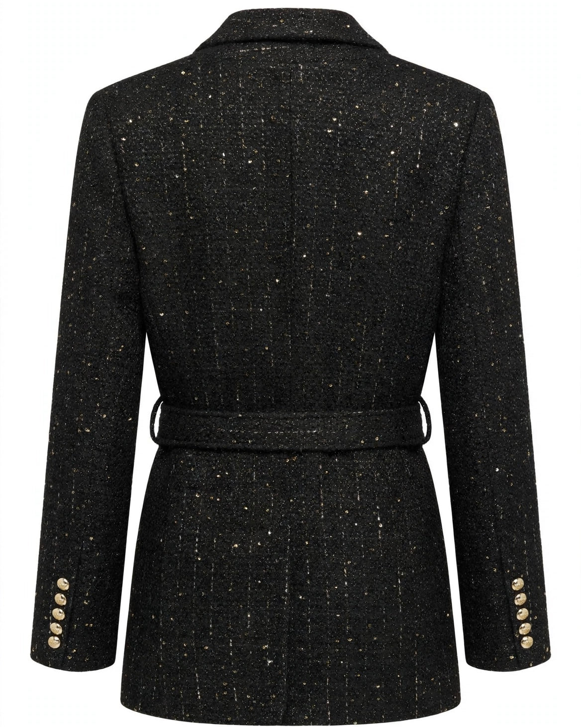 Giacca nera tweed con micro paillettes oro bottoni sui polsini spille rimovibili e cintura in vita