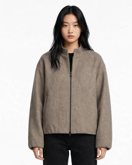 Short grey mélange cloth bomber jacket with ribbed collar and zip